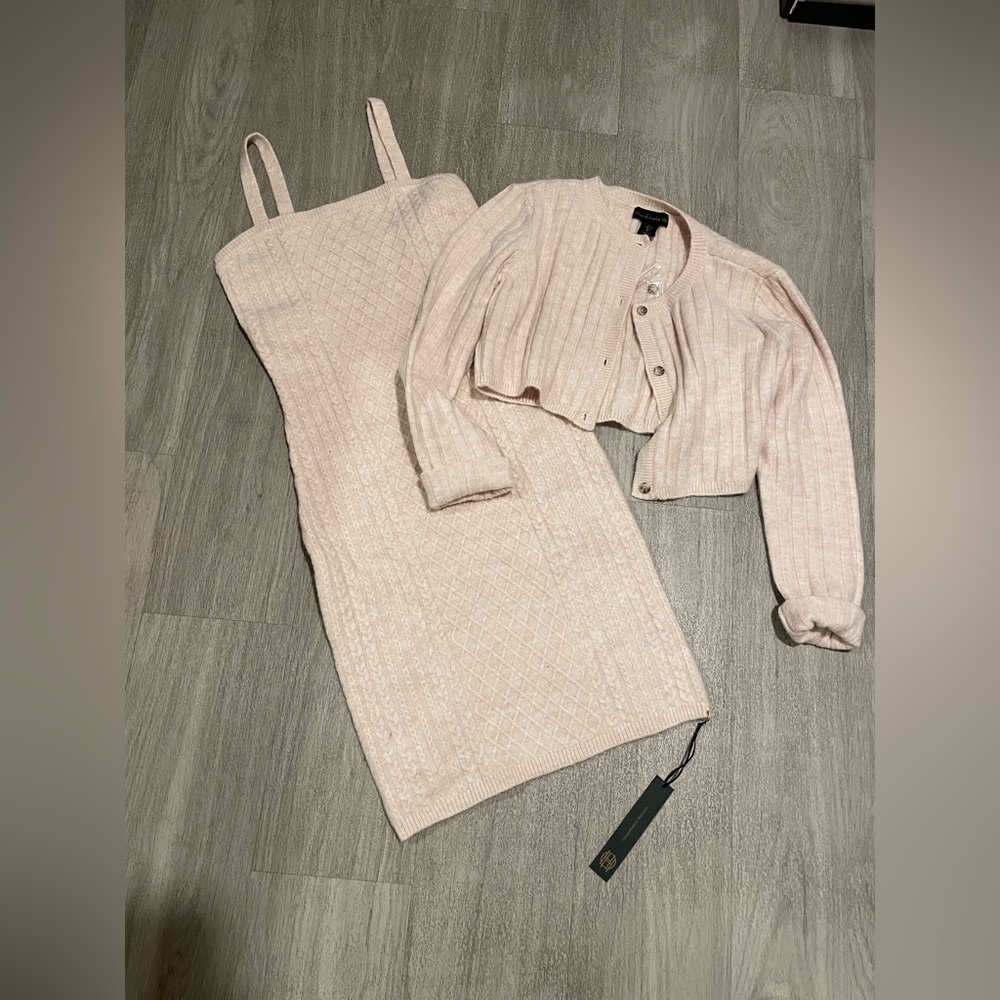 House of Harlow 1960 Pink Knit Dress and Cardigan Set